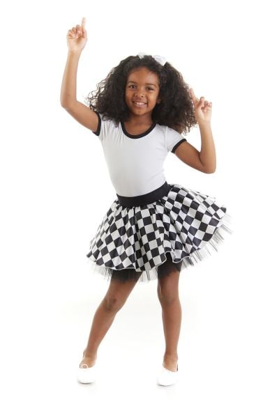 Kız Çocuk Siyah Beyaz Kareli  Dans Kostümü - 23 Nisan Kıyafetleri