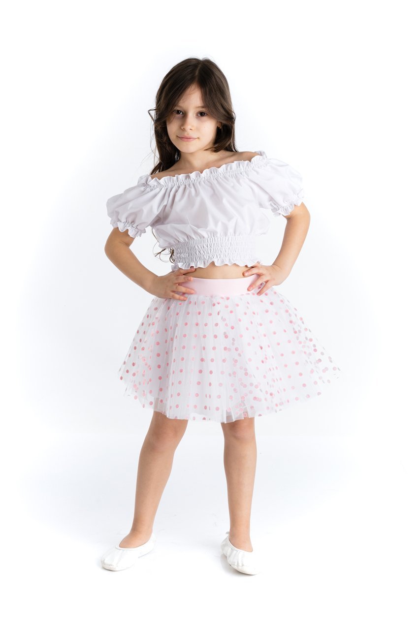 Beyaz Omuz Açık Bluz Pembe Etek