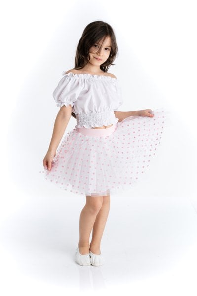 Beyaz Omuz Açık Bluz Pembe Etek