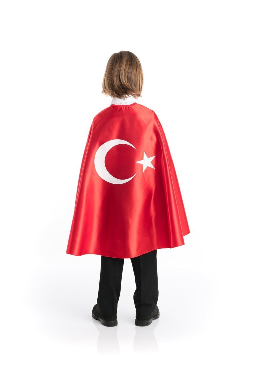 Kız Erkek Çocuk Ay Yıldızlı Kırmızı Bayraklı Kırmızı Pelerin - 23 Nisan Kıyafetleri