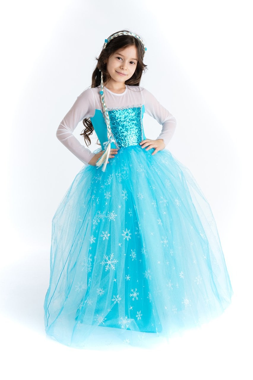 Kız Çocuk Mavi Elsa Kostümü Saç Hediyeli