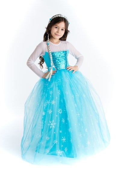 Kız Çocuk Mavi Elsa Kostümü Saç Hediyeli