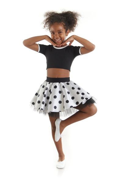 Kız Çocuk Siyah Beyaz Puantiyeli Dans Kostümü - 23 Nisan Kıyafetleri